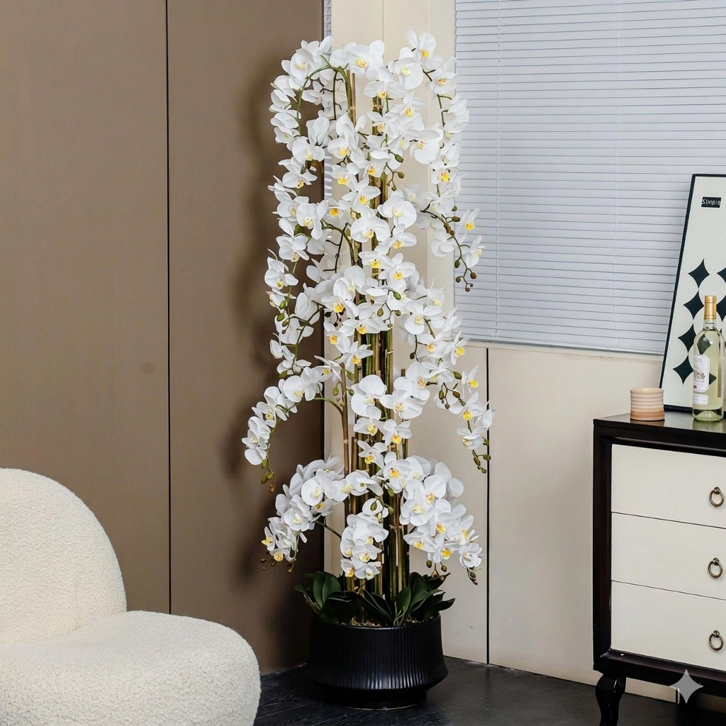 Artificial white orchid plant in a room setting with a chair and dresser.