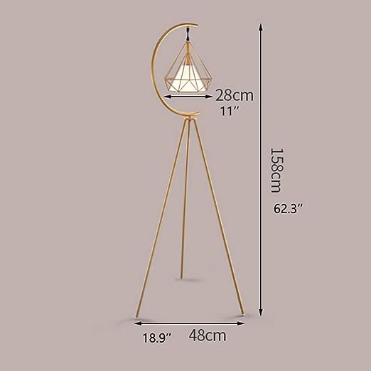 Dimensions of a modern gold floor lamp with a geometric lampshade and crescent frame. The height of the lamp is 158 cm (62.3 inches), the base measures 48 cm (18.9 inches) wide, and the lampshade has a width of 28 cm (11 inches).