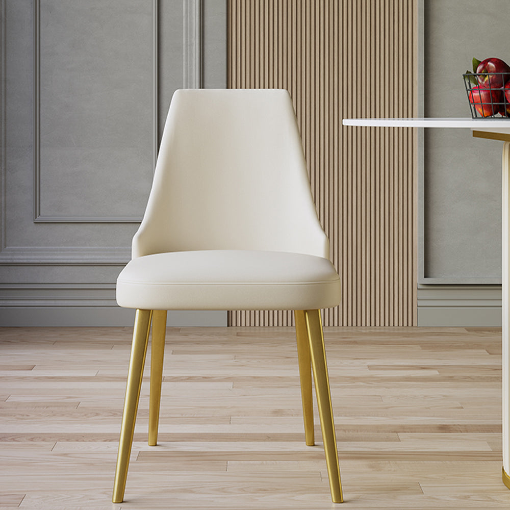 Minimalist cream-colored dining chair with wooden legs, ideal for modern interiors. Common questions include 'What type of dining chairs provide the best back support?' and 'How to choose dining chairs that match a light wood floor?