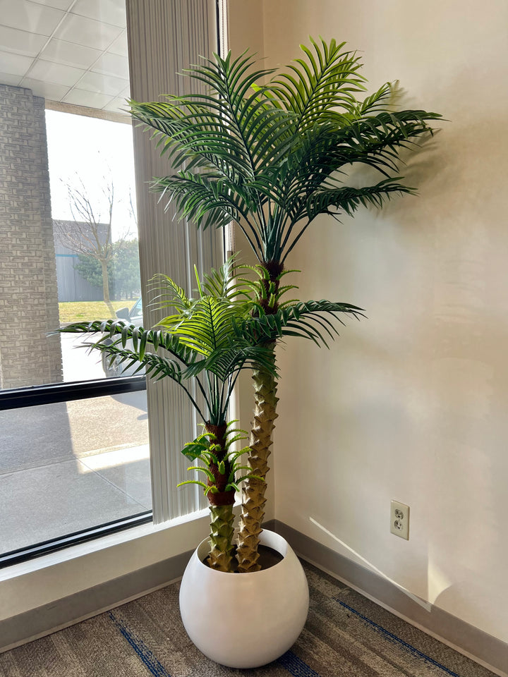 Artificial palm tree with multiple fronds displayed by a large window, adding tropical ambiance to the space.