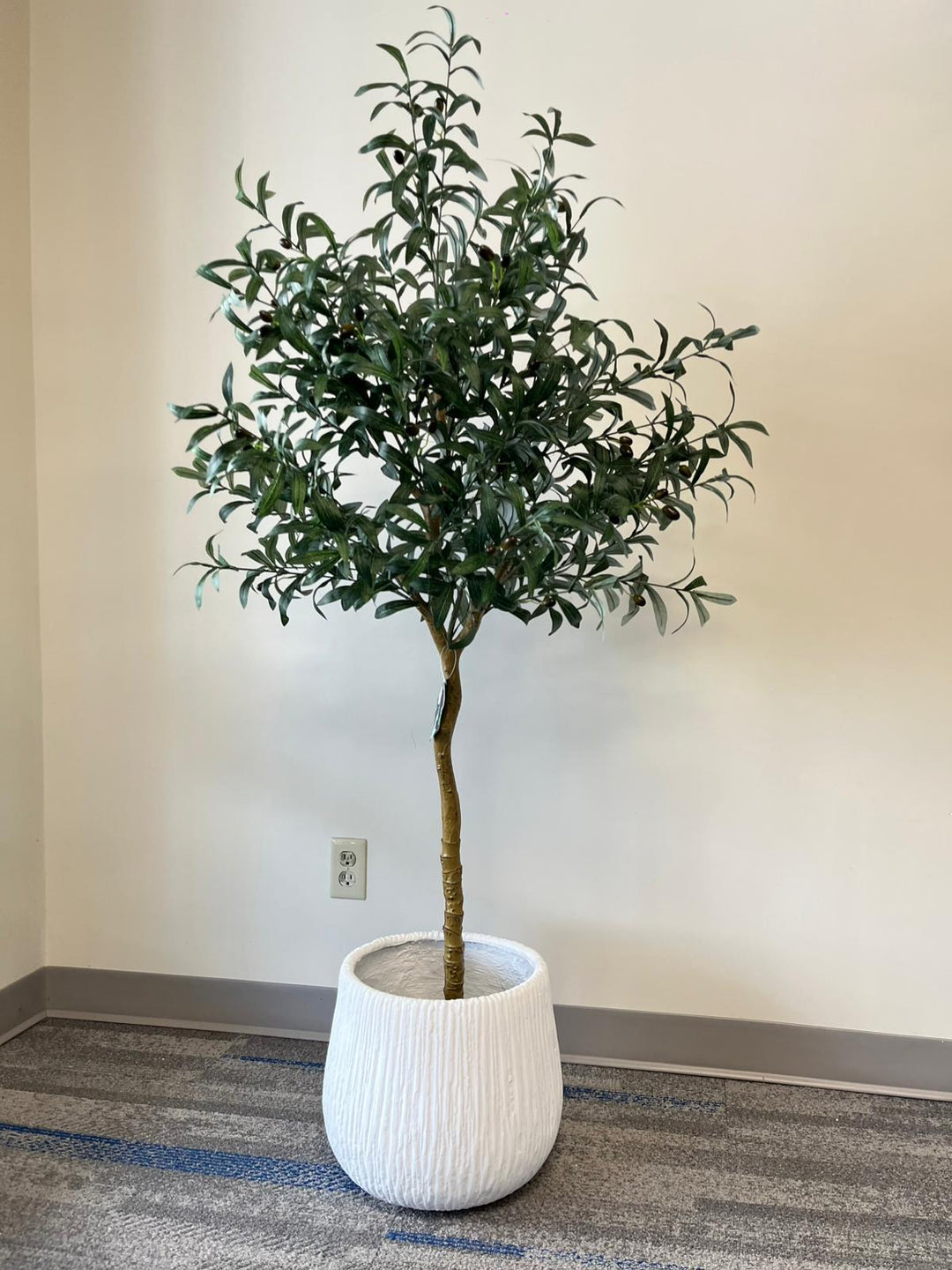 White textured planter with a modern ribbed design, holding an artificial olive tree with realistic leaves and small olives, placed indoors against a neutral background. Is this planter suitable for medium-sized trees?