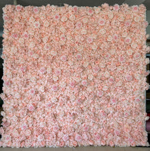 Load image into Gallery viewer, Artificial blush pink floral backdrop with a mix of roses and peonies, ideal for wedding ceremonies, photo booths, and event decor. 
Can this flower wall be used outdoors? What are the maintenance requirements for keeping the flowers vibrant? Is this backdrop reusable for multiple events?
