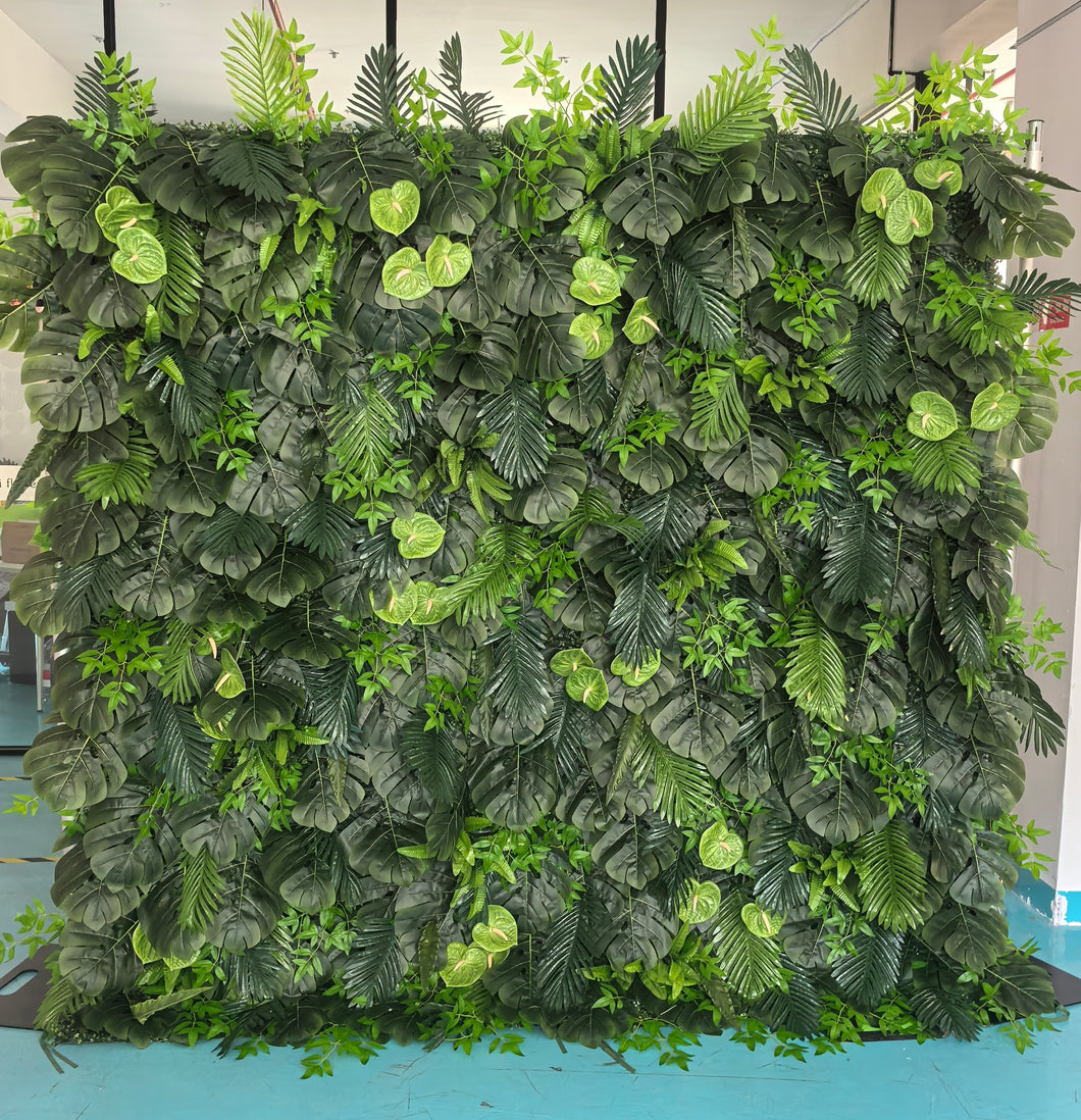 Artificial tropical leaf backdrop featuring vibrant green leaves in various textures and shapes, creating a lush, natural look. Popular for event decor and photo backdrops. Is this backdrop reusable and suitable for indoor and outdoor use? How durable is it against sunlight and moisture?