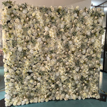 Charger l&#39;image dans la galerie, Elegant white floral artificial backdrop wall featuring a mix of roses, orchids, and greenery, ideal for weddings and luxury events. 
Is this backdrop easy to install and move? Can it be customized with different flowers or colors? What are the dimensions and rental options for large events?
