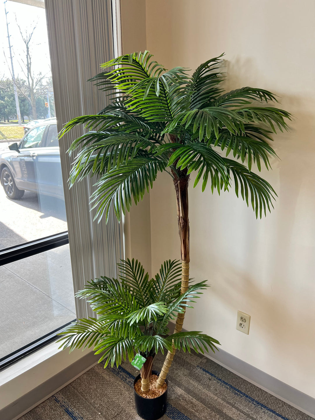 Elegant artificial palm tree with multiple fronds displayed by a large window, adding tropical ambiance to the space.