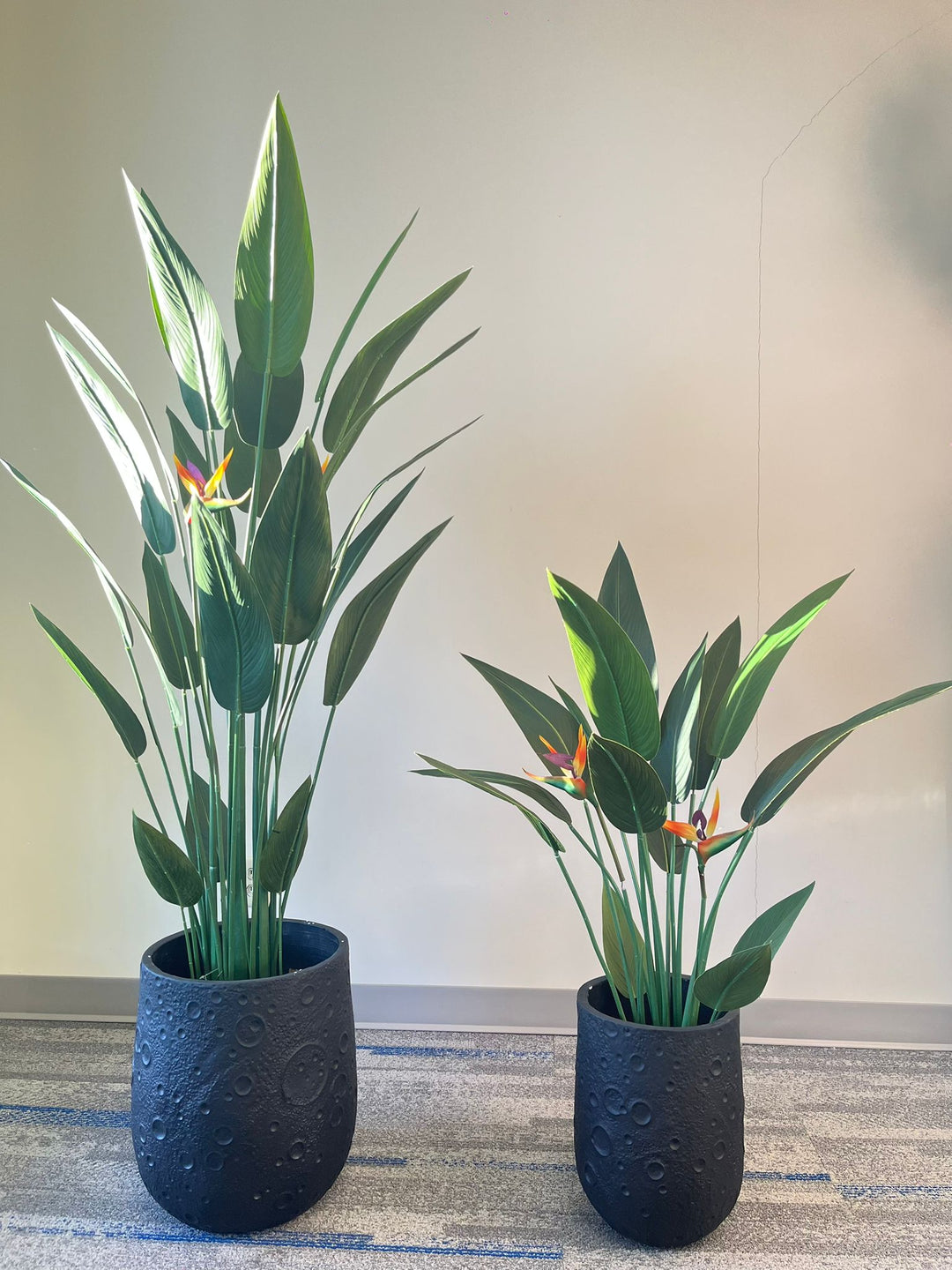 Black planters with a unique textured design resembling craters, each holding artificial bird of paradise plants with vibrant green leaves and orange flowers, placed indoors on a carpeted floor. Are these planters weather-resistant for outdoor use?