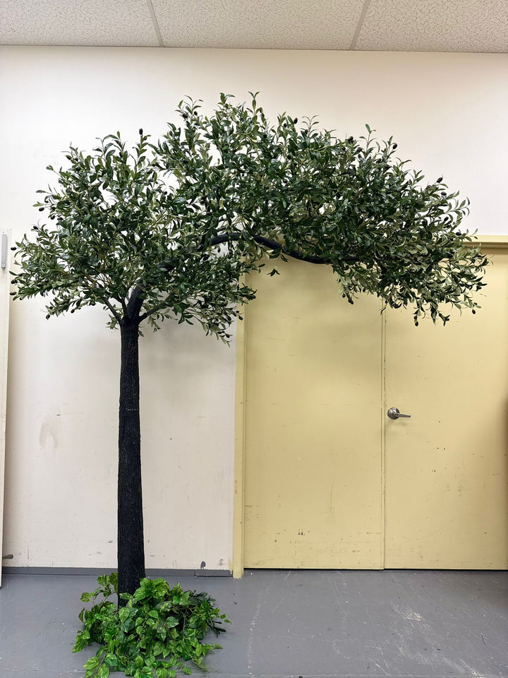 Artificial olive tree in front of a yellow door with a white wall background