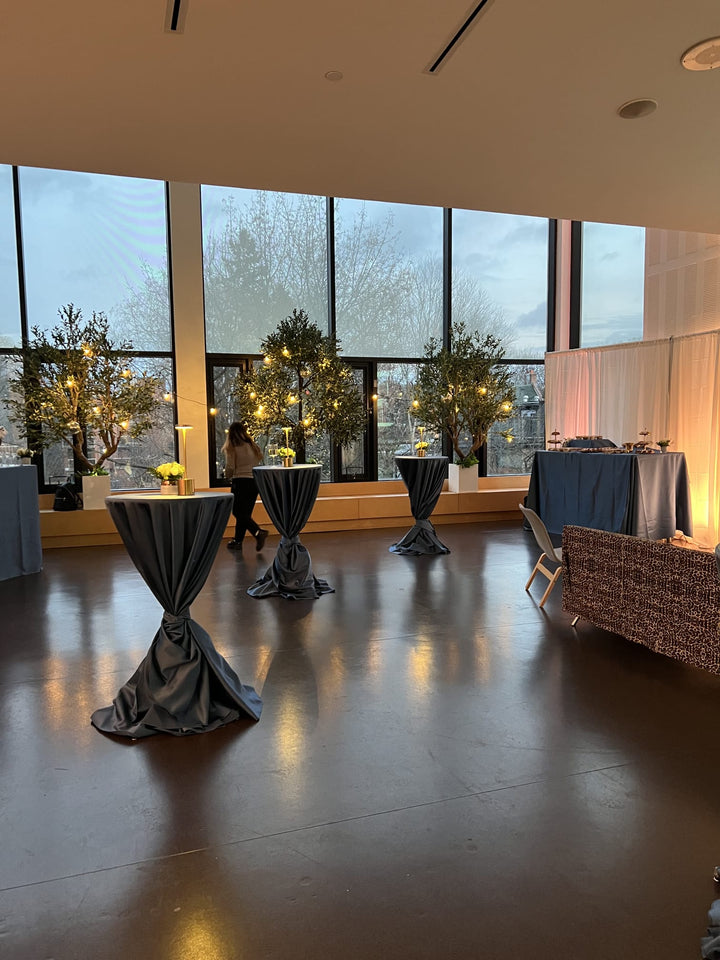 Event setup with olive tree and  tables draped in black tablecloths in a large room with large windows.