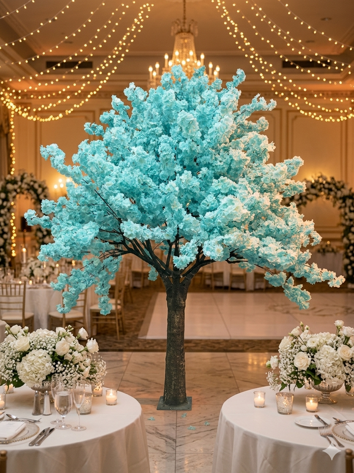 A large artificial soft blue cherry  blossom flowering tree centerpiece with bright aqua blossoms stands in the center of an indoor event hall with round tables, white floral arrangements, and warm hanging string lights in the background.