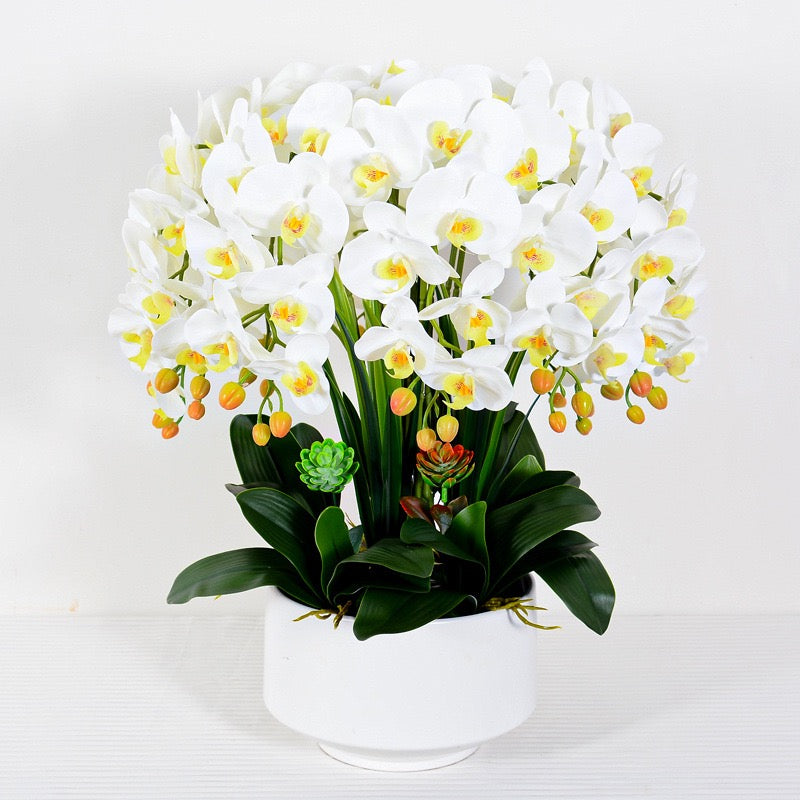 A large arrangement of artificial white orchids with lush green leaves in a modern white planter. Frequently asked question: What are the best planters to use for artificial plants to enhance their aesthetic appeal?