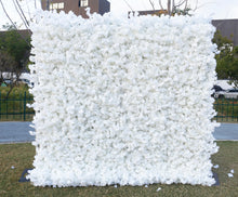 Charger l&#39;image dans la galerie, Large white artificial flower wall backdrop displayed outdoors, often used for elegant events such as weddings, corporate gatherings, and photoshoots. 
Is the flower wall easy to assemble and disassemble? Can it withstand outdoor weather conditions? Are other colors or sizes available for customization?
