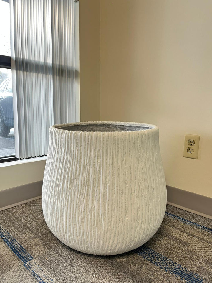 Large white textured planter with a modern ribbed design, placed indoors near a window with natural light. What are the dimensions of this planter?