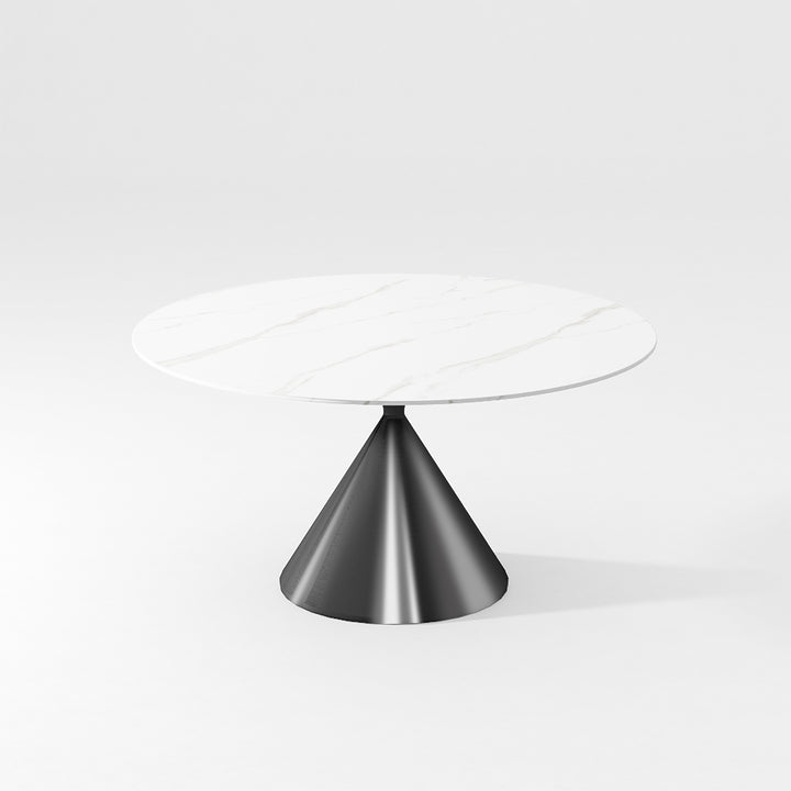 Modern round dining table with a sleek white top and a conical brushed metal base, providing a stylish and minimalist design for contemporary spaces.
