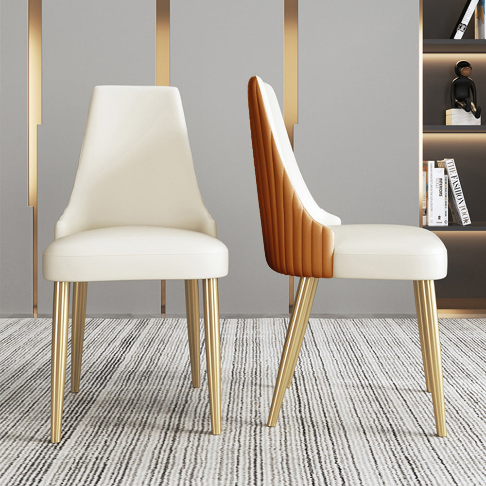 Modern dining chairs with white upholstered seats and gold metal legs, featuring a sleek brown accent back design. Popular questions include 'What are the benefits of PU leather chairs for dining rooms?' and 'How to choose the best chairs for comfort and durability?