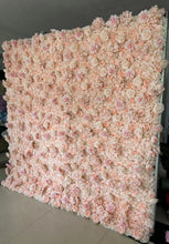 Charger l&#39;image dans la galerie, Artificial flower wall in soft blush and peach tones, featuring roses and peonies, perfect for weddings, parties, and photography backdrops. Is this flower wall easy to set up and transport? How durable are the flowers in different weather conditions? Can this backdrop be customized in size or color for specific events?
