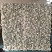 Charger l&#39;image dans la galerie, White flower backdrop featuring roses and hydrangeas for a sophisticated event decor. How durable is this artificial flower wall for multiple uses? Can it add an elegant ambiance to indoor and outdoor venues?
