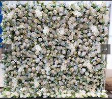 Charger l&#39;image dans la galerie, White floral artificial backdrop wall featuring a mix of roses, orchids, and greenery, ideal for weddings and luxury events. 
Is this backdrop easy to install and move? Can it be customized with different flowers or colors? What are the dimensions and rental options for large events?
