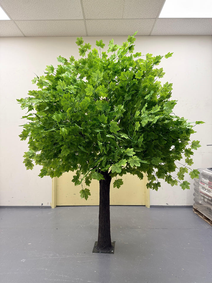 Artificial green maple tree in a room with a white wall and gray floor.