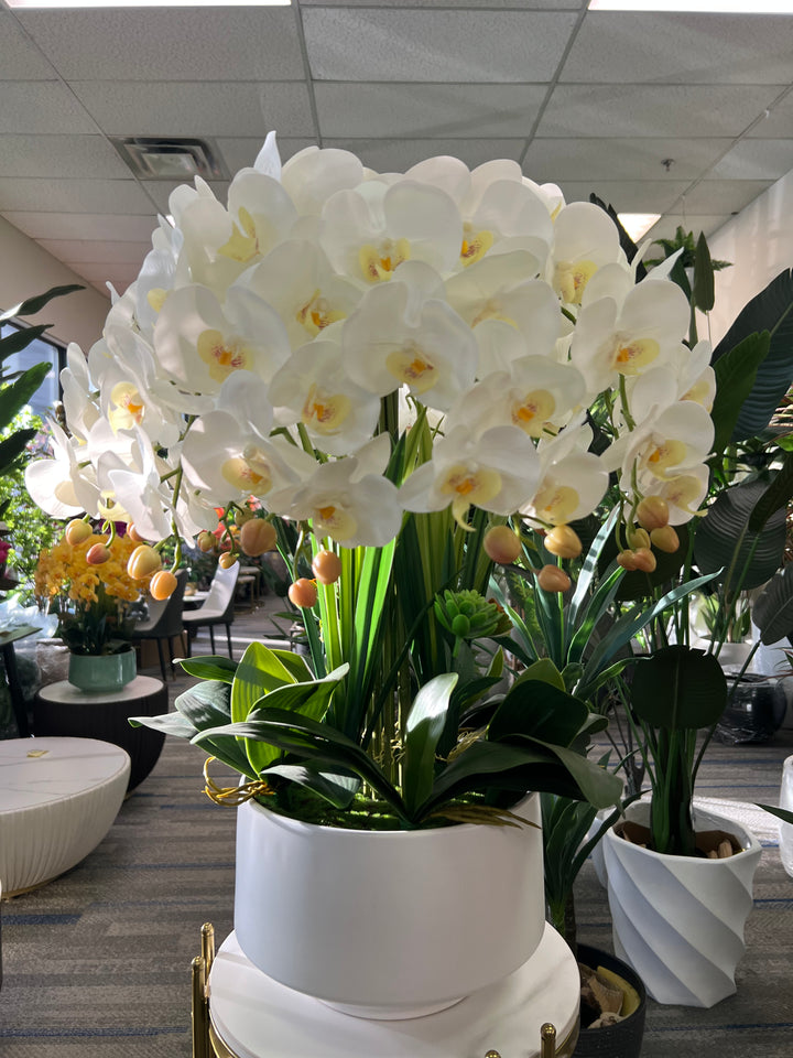 A large arrangement of artificial white orchids with lush green leaves in a modern white planter. Frequently asked question: What are the best planters to use for artificial plants to enhance their aesthetic appeal?