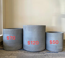 Load image into Gallery viewer, Cement planters. Three round, light gray planters in a minimalist design with horizontal ribbed texture. They are placed against a neutral wall with natural light filtering in.
