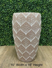 Charger l&#39;image dans la galerie, A decorative pot measuring 10 inches in width and 16 inches in height, featuring a leaf-patterned design in terracotta. How to choose the right size of decorative pots for indoor plants?
