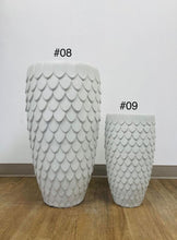 Charger l&#39;image dans la galerie, Where to buy planters for plants? Two white scale-textured planters, labeled #08 and #09, ideal for adding a modern, decorative touch to indoor and outdoor spaces, commonly used for artificial plants.
