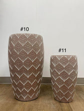 Load image into Gallery viewer, Two decorative pots labeled as #10 and #11, featuring leaf-like patterns in a terracotta color. How do decorative pots enhance home decor?
