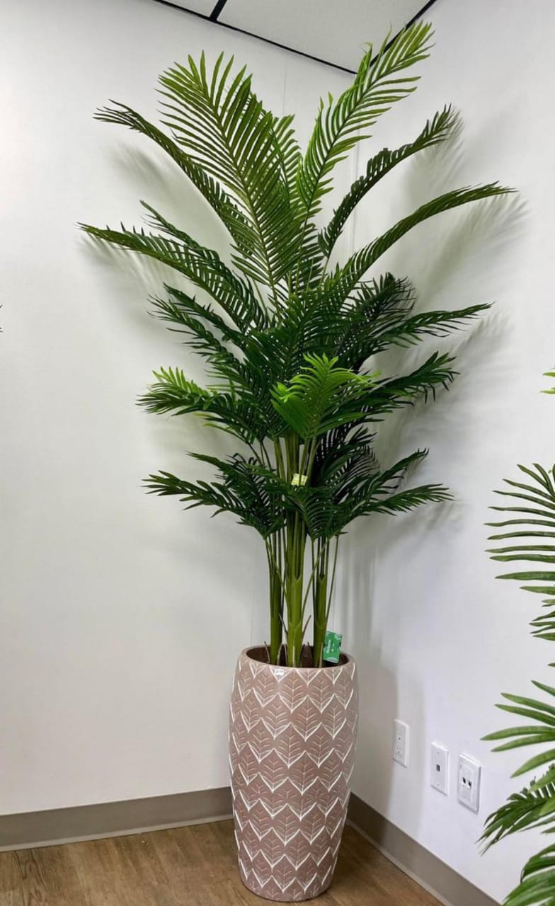 A tall indoor potted palm tree placed in a decorative terracotta pot with a leaf pattern. How to choose the best indoor plants for home decor?