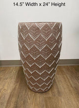 Charger l&#39;image dans la galerie, A decorative pot measuring 14.5 inches in width and 24 inches in height, featuring a leaf-patterned design in terracotta. How to choose the right size of decorative pots for indoor plants?
