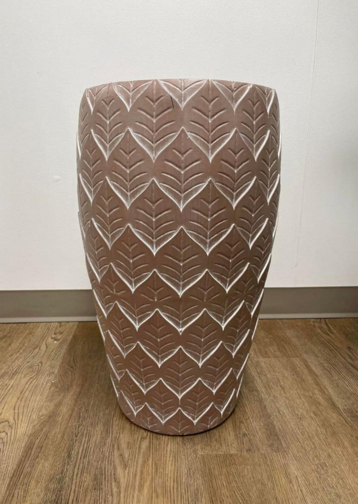 A decorative pot measuring 14.5 inches in width and 24 inches in height, featuring a leaf-patterned design in terracotta. How to choose the right size of decorative pots for indoor plants?