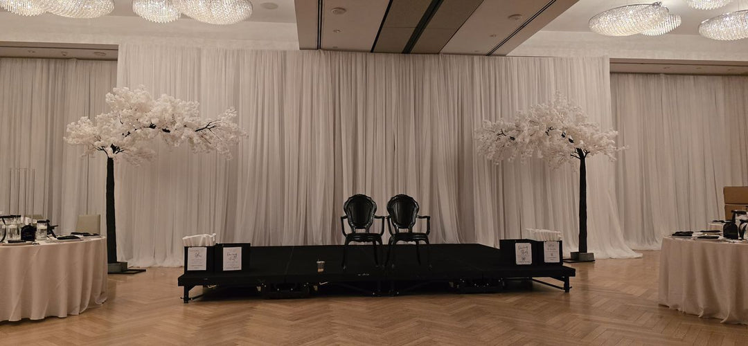 10ft faux white cherry blossom arch décor for stages and ceremonies.