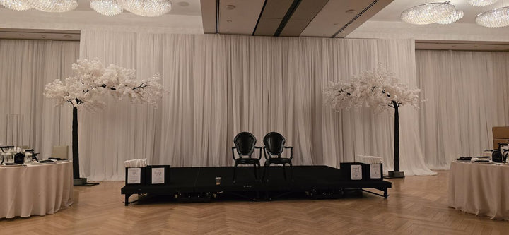 10ft faux white cherry blossom arch décor for stages and ceremonies.