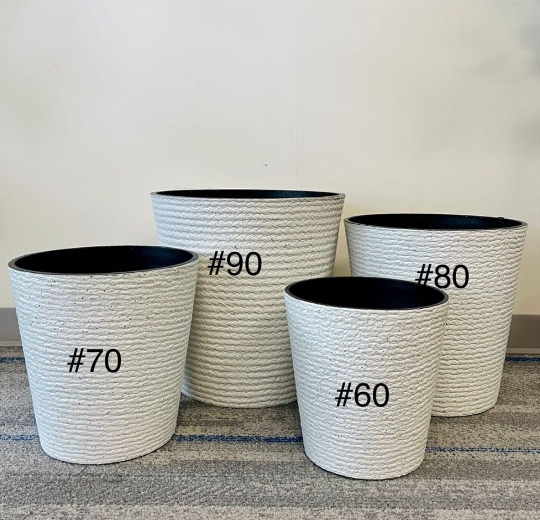 Set of four modern white textured planters in varying sizes labeled #60, #70, #80, and #90, perfect for artificial plants or stems. Frequently asked: What are the best planters for indoor plants? How to choose the right size planter for artificial plants? Are textured planters ideal for modern interiors?