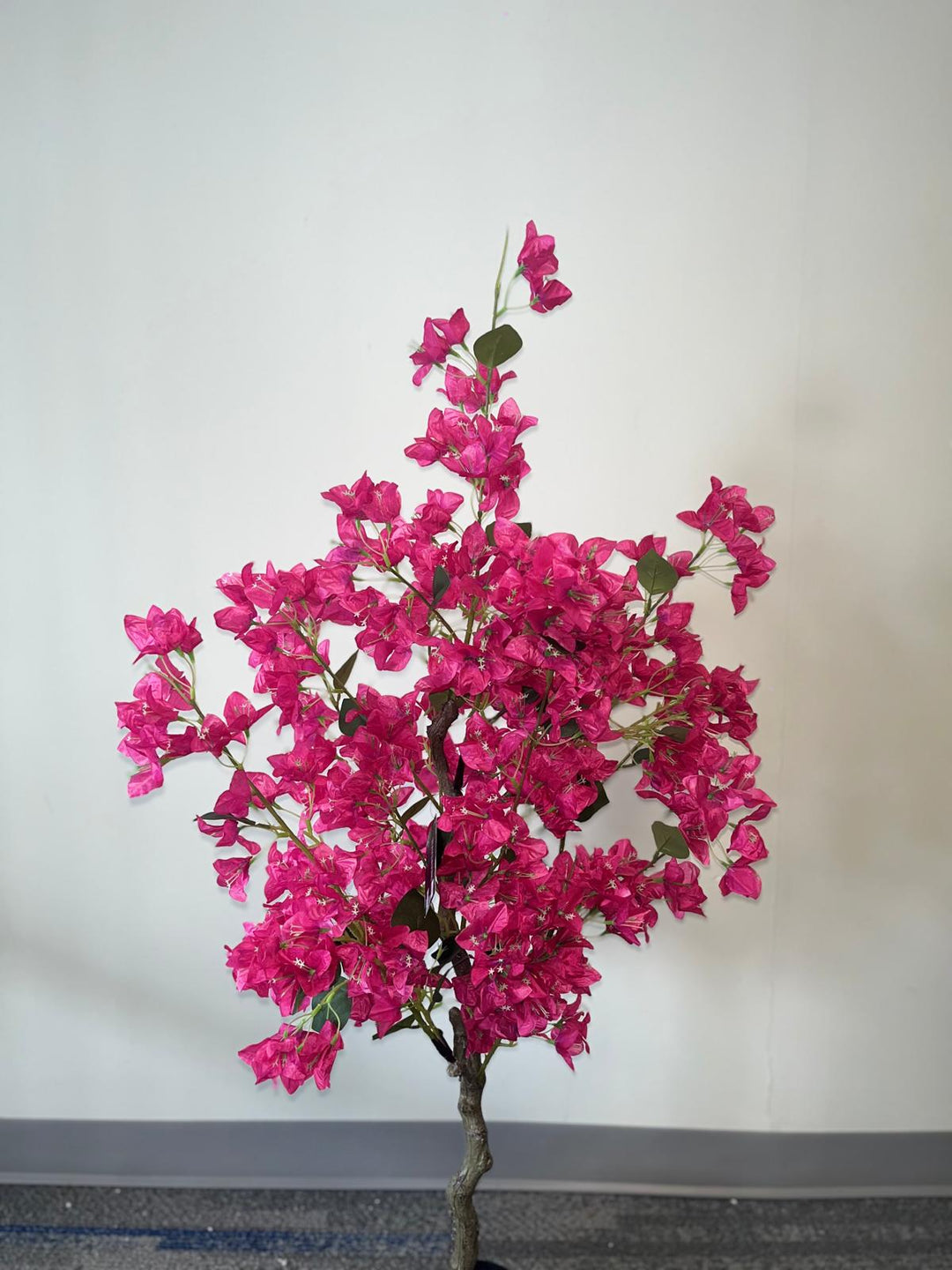A vibrant artificial plant with bright pink flowers displayed in a compact black pot. The plant stands against a plain wall, with a carpeted floor featuring blue accents. The simple setting allows the vivid pink flowers to be the focal point of the image