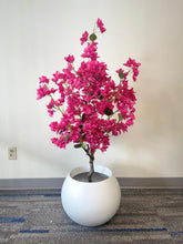 Charger l&#39;image dans la galerie, A vibrant artificial plant with bright pink flowers arranged in a full, bushy display, housed in a large, smooth white pot. The plant stands against a plain wall, with a carpeted floor featuring blue accents. The overall setting is simple, allowing the bright pink flowers to stand out prominently
