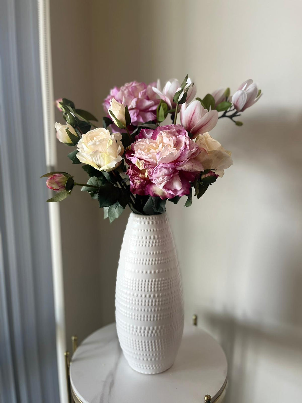 Artificial Peony Floral Arrangement in White Textured Vase