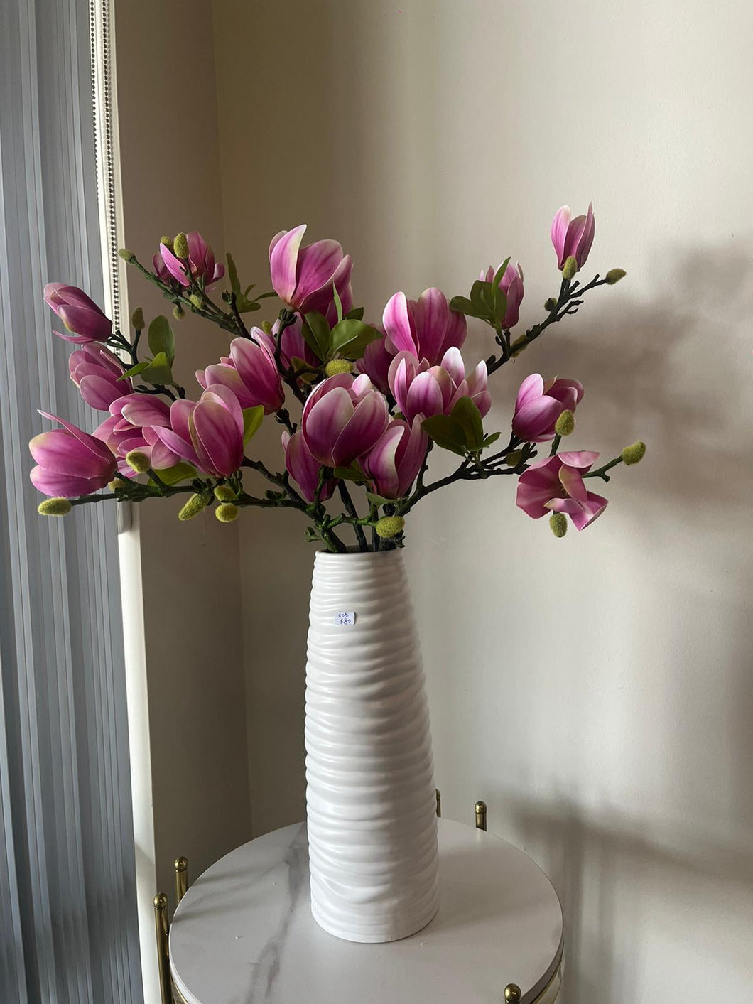 Pink Magnolia Flowers Arrangement with Tall White Vase