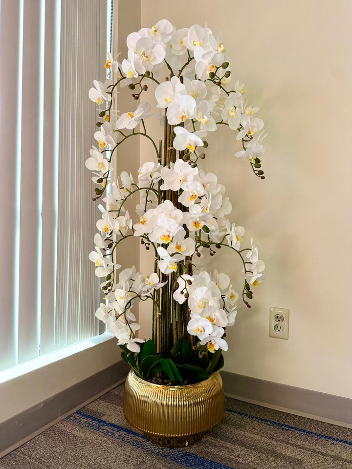 Decorative indoor orchid arrangement with white orchid flowers in a gold pot on a carpeted floor.