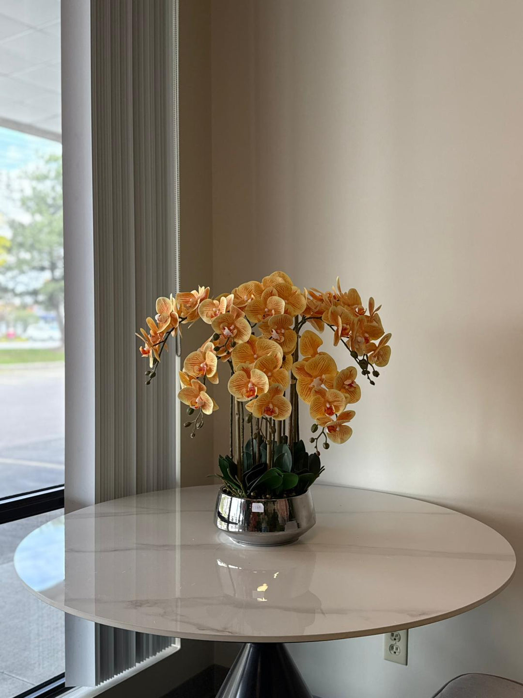Real Touch Orange Orchid Arrangement with Silver Vase
