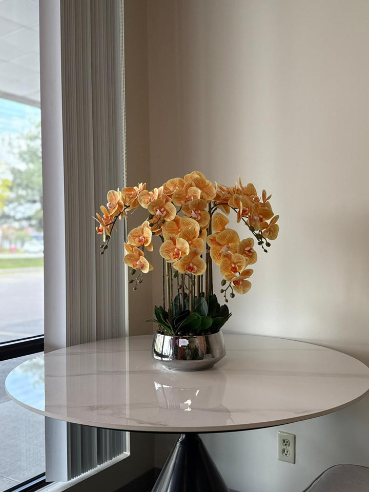Real Touch Orange Orchid Arrangement with Silver Vase