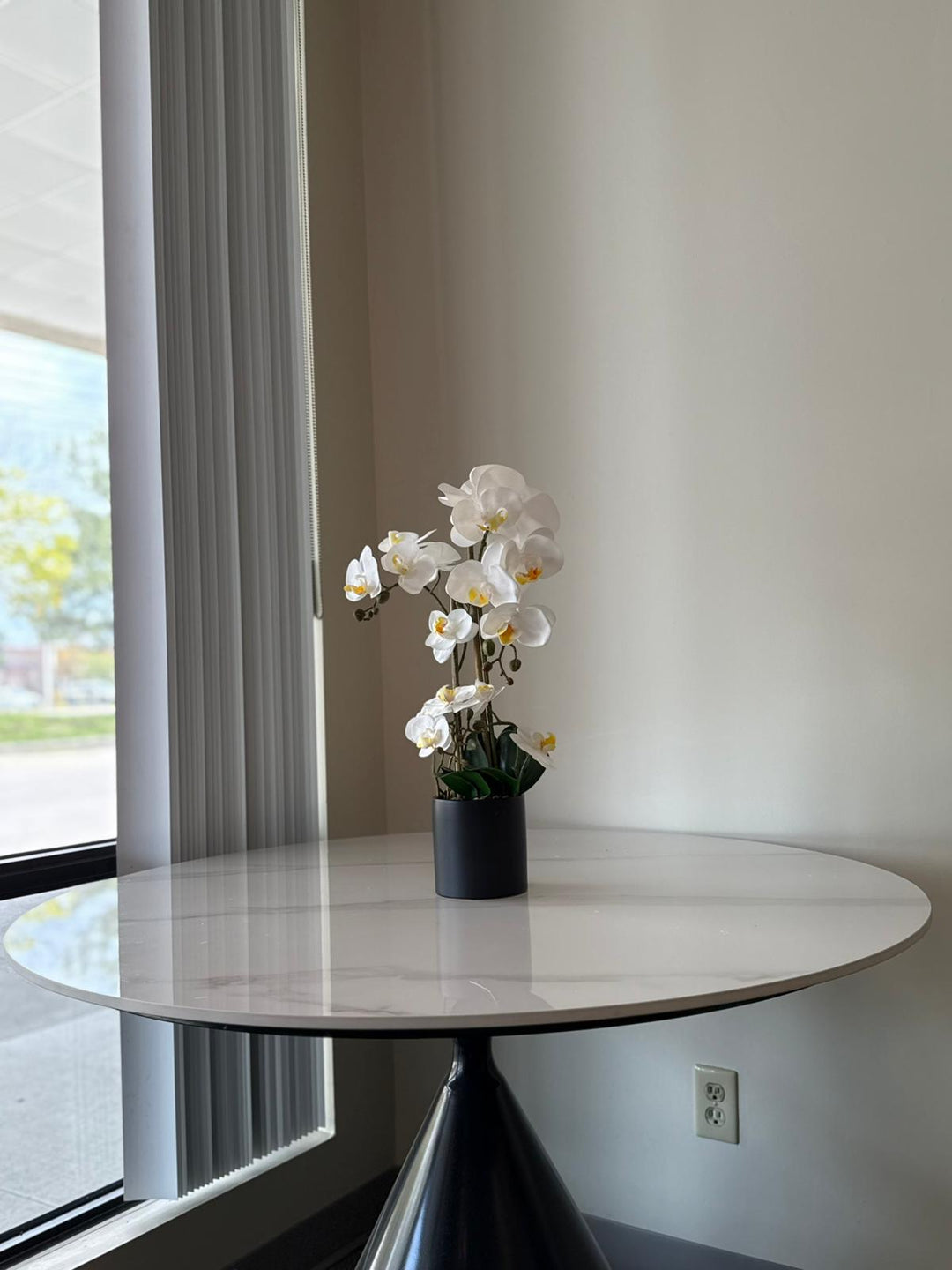 White Orchid Arrangement in Matte Black Vase