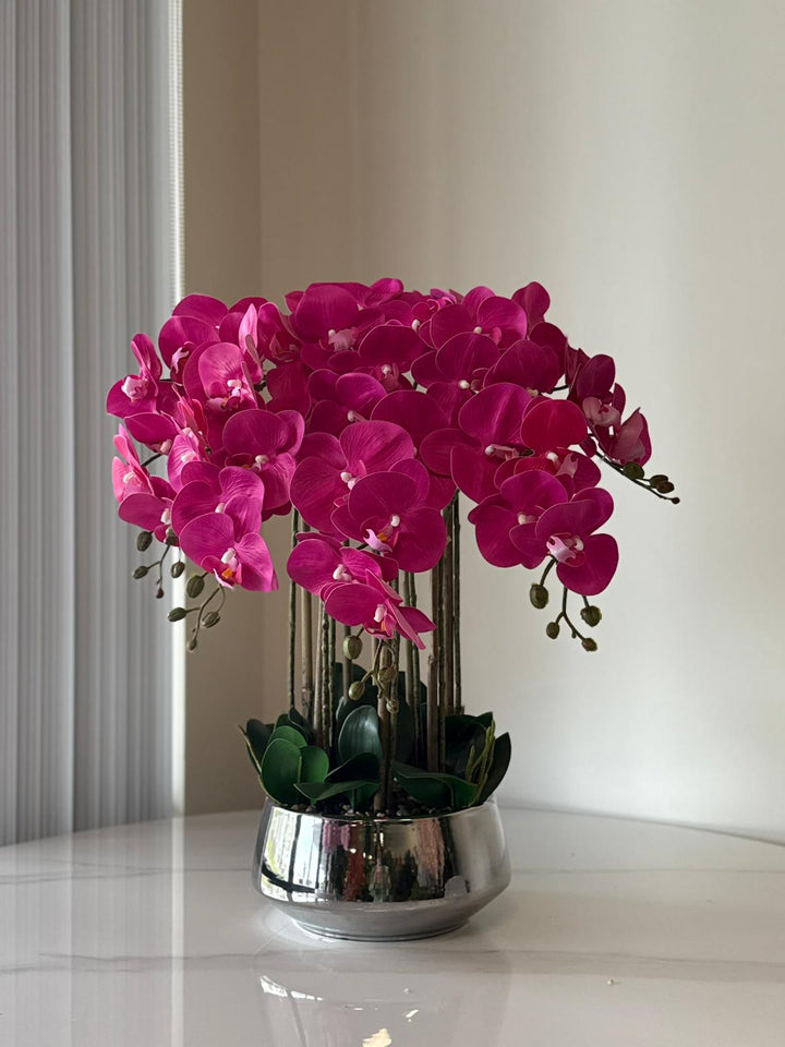 Real Touch Bright Pink Orchid Arrangement with Silver Vase