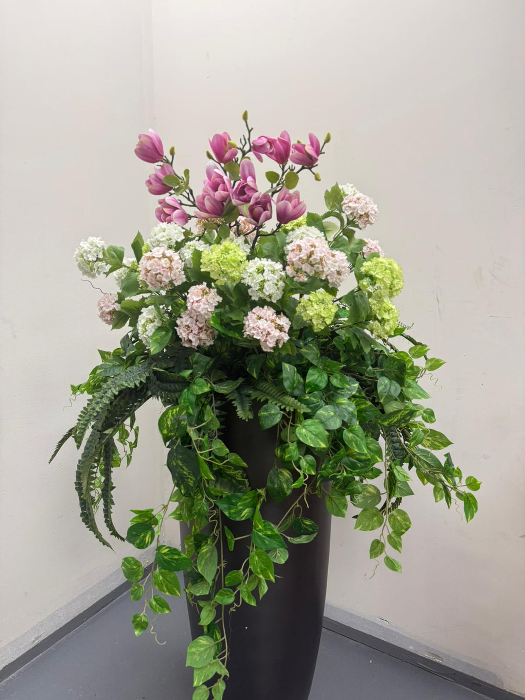 Luxury Artificial Magnolia & Hydrangea Floral Arrangement in Black Planter | Faux Indoor Statement Display