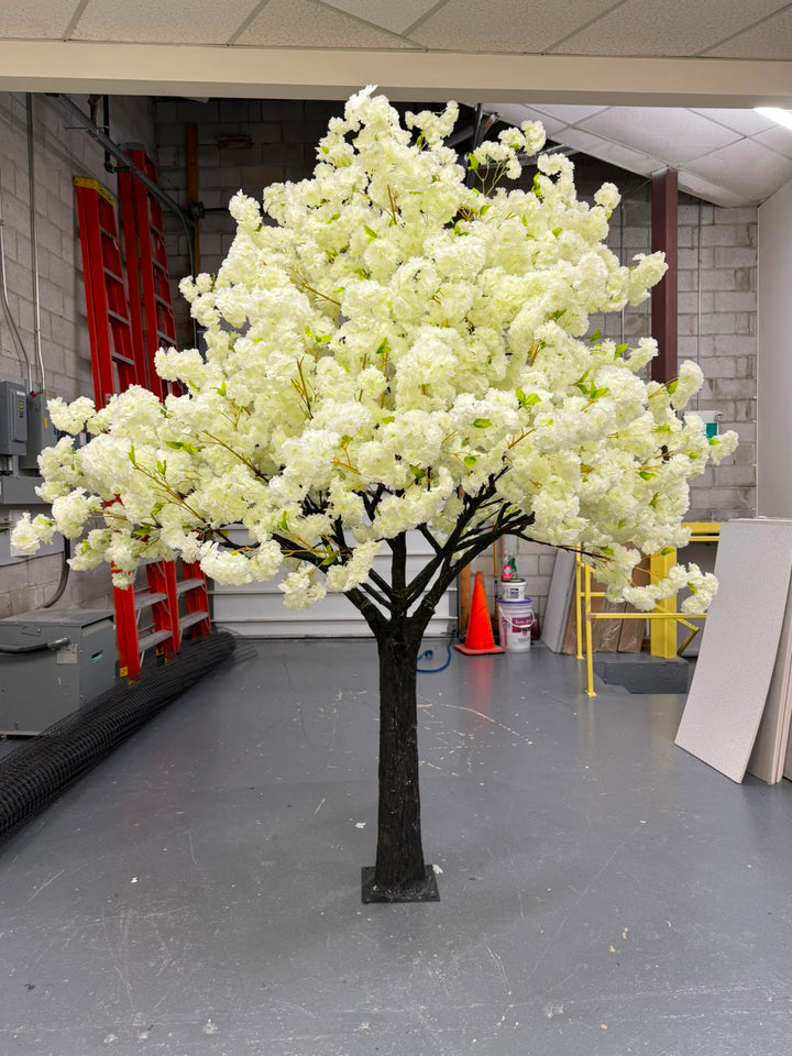 8ft Artificial Cream White With Green Leaves Cherry Blossom Tree