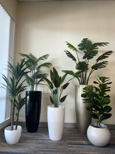 Load image into Gallery viewer, A group of artificial olive trees placed in modern planters. The planters are tall and sleek in black, white, gold, and silver, with one round, white pot on the floor. The trees feature realistic green leaves and are positioned against a beige wall, near a window with vertical blinds, creating a clean and elegant indoor display
