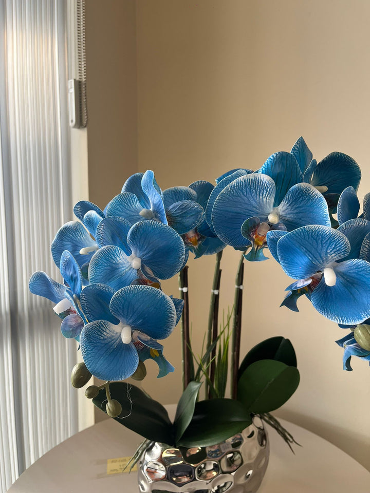Orchidée Artificielle - Bleu avec Vase Argenté