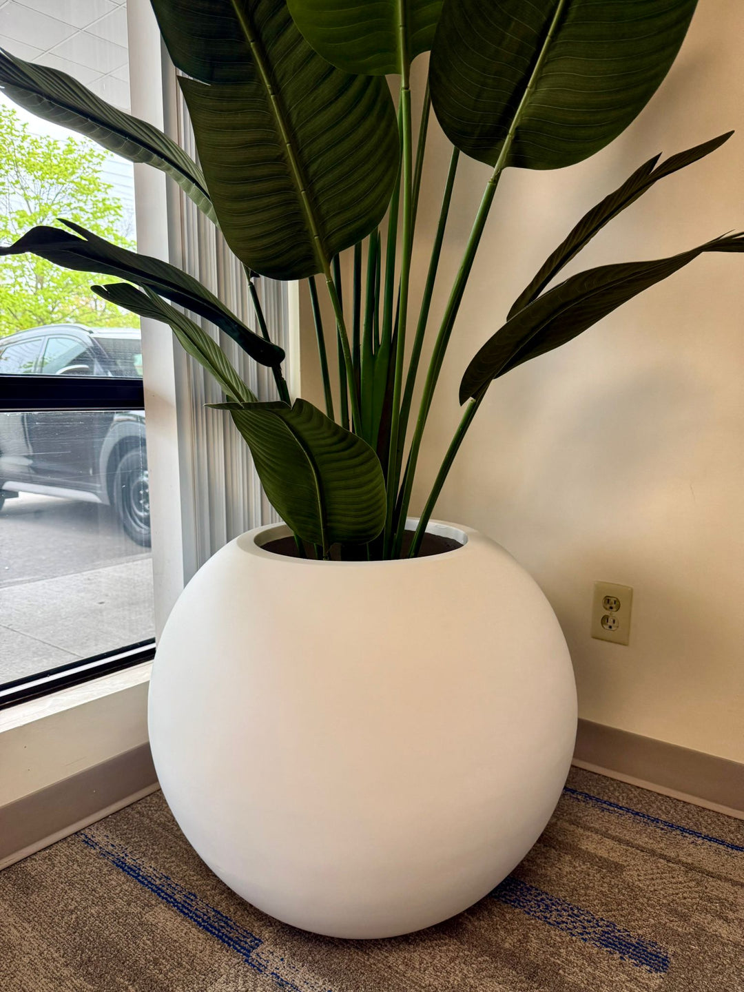 Oversize White Fiberglass Globe Pot (21" H x 25" W)