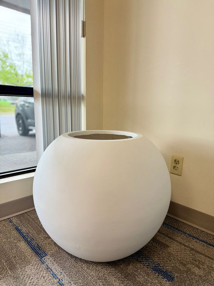 Oversize White Fiberglass Globe Pot (21" H x 25" W)