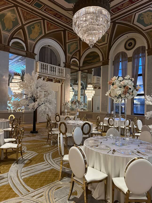 Tall faux cherry blossom décor tree with white flowers for event styling