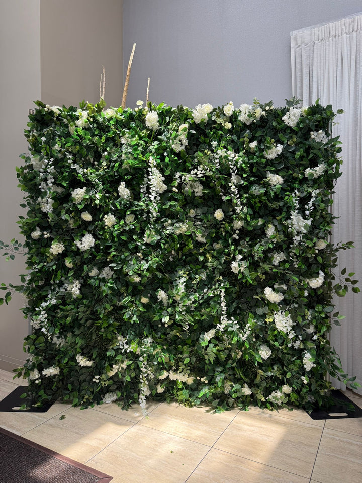 Roll up Green Wall with White Flower Backdrop